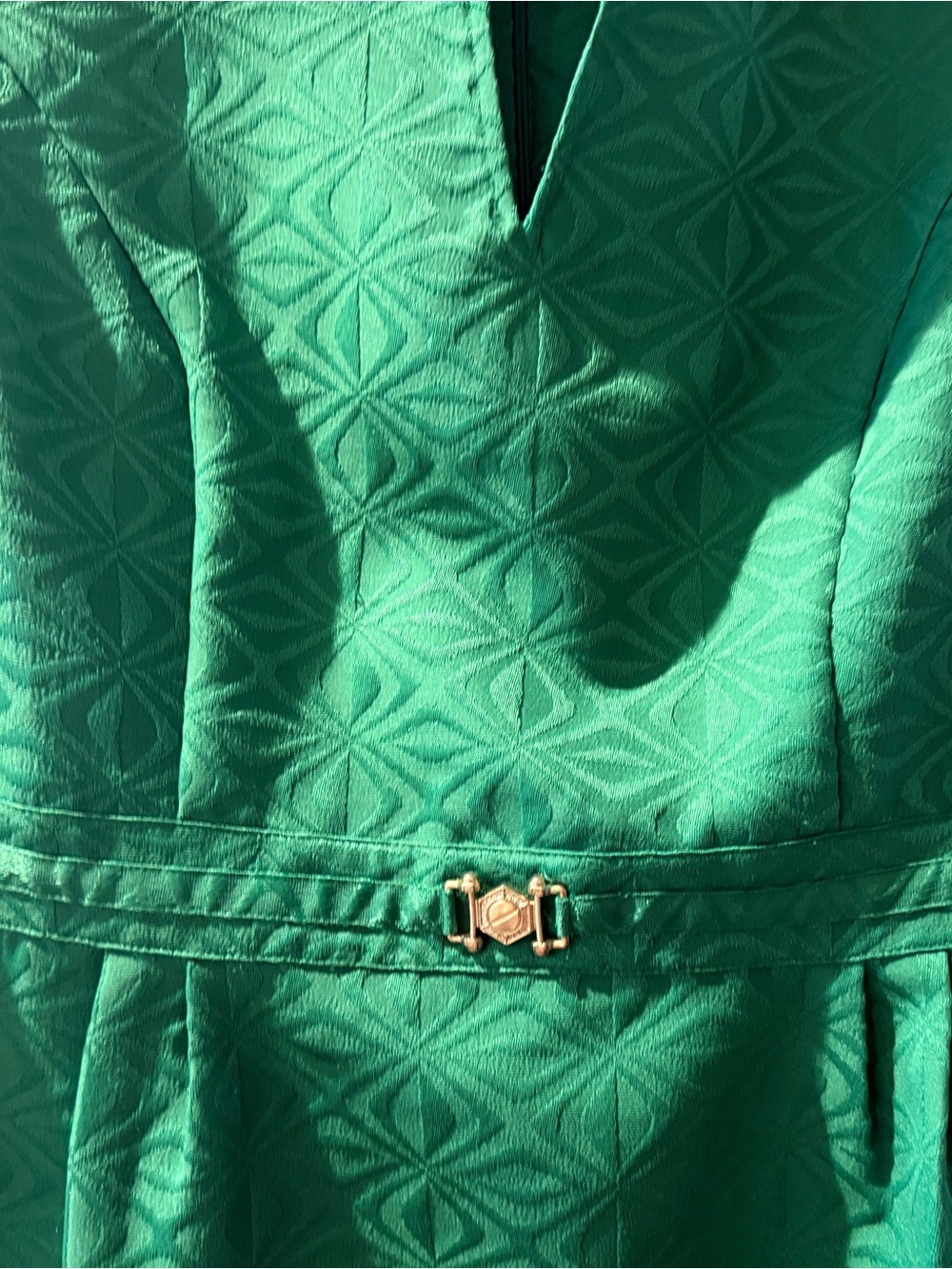 Green Textured Fit-and-Flare Dress with Gold Accent